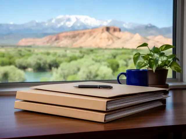 A neat stack of closed manila folders and a pen on a desk by a window.