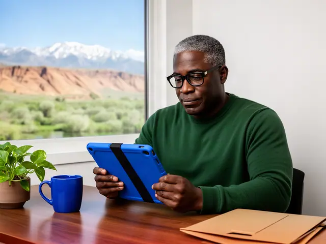 A man with short graying hair and black-framed glasses reviewing a tablet at a desk in a small back office.