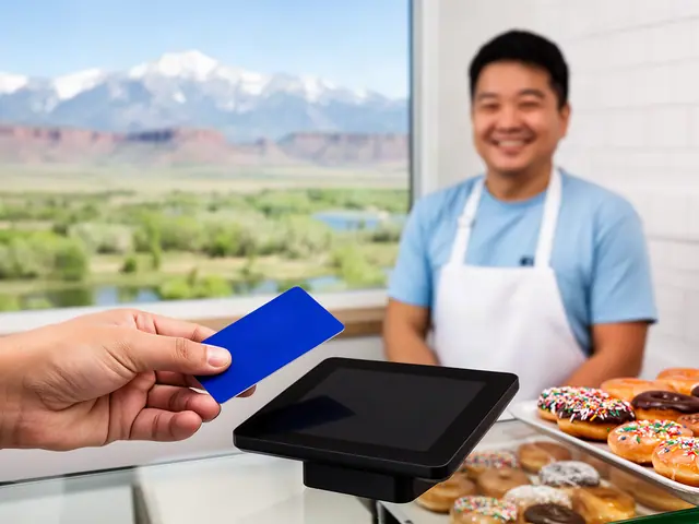 A customer taps a card on a counter terminal at a small doughnut shop.