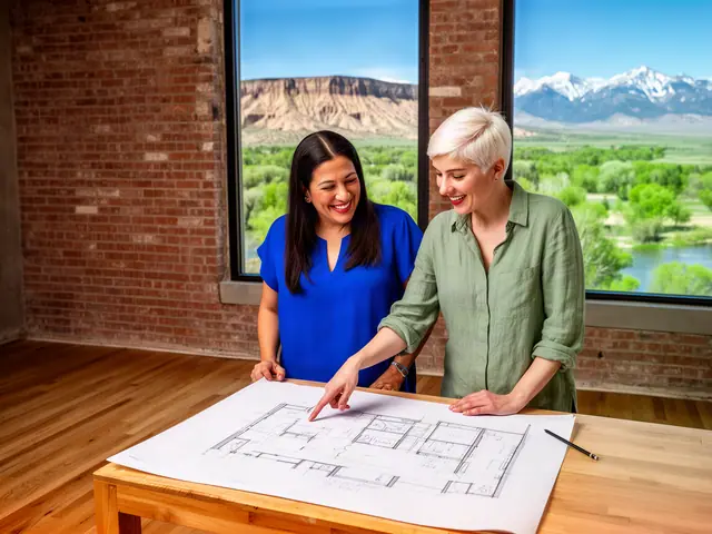 Two business partners looking over a pencil floor sketch in an empty storefront.