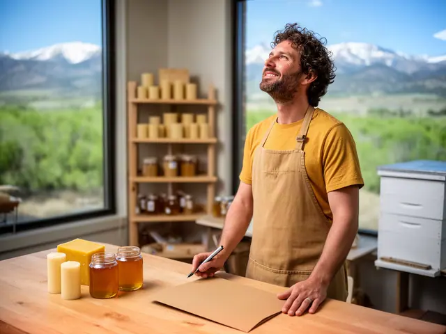 A honey and candle maker at his counter with jars of honey, a beeswax block and cream pillar candles.